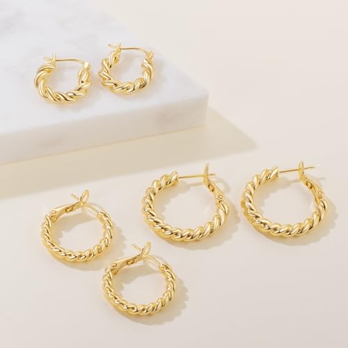 NEARLAND Gold Hoop Earrings for Women 14K Gold Earrings for Women | Twisted Small Gold Hoop Earrings Hypoallergenic 14K Gold Hoop Earrings Lightweight Gold Hoop Earrings for Women 15/19/23mm - size: 15mm