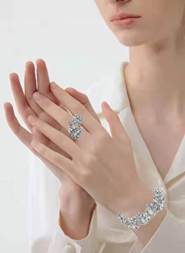 Jewelry Set for Women, Statement Necklace Dangle Earrings Bracelet Ring, White/KC Gold Plated Jewelry Set with Rhinestone Pearl Crystal Wedding Party Jewelry for Bridal Bridesmaid - color: Set001-Style2-White-Platinum Plated