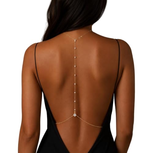 Rhinestone Back Necklace for Backless Dress - Bridal Wedding Pearl Backdrop Jewelry Crystal Long Body Chain Simple Waist Chain for Women - style: Gold