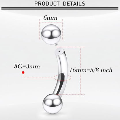 18G-00G Eyebrow Rings Internally Threaded Snake Eyes Piercing Jewelry Tongue Surgical Steel Curved Barbell Vertical Lip Labret Rook Daith Earrings Piercing Jewelry for Women Men 6mm-19mm - color: silver, size: 8G(3mm)-16mm barbells-6mm Balls