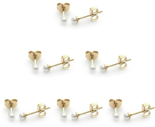 14K Gold Filled Polished Small CZ Pearl Ball Stud Earrings Set for Women Men 20G Surgical Steel Hypoallergenic Piercing Studs for Sensitive Ear, Pack of 6 Pairs - style: W : 3MM Gold Pearl Studs Set