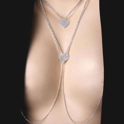 Rhinestone Heart Body Chain Sparkling CZ Paved Heart Choker Nipple Noose Body Chains Sexy Non Piercing Fake Nipple Rings Bra Chest Chains Summer Beach Bikini Nightclub Body Jewelry