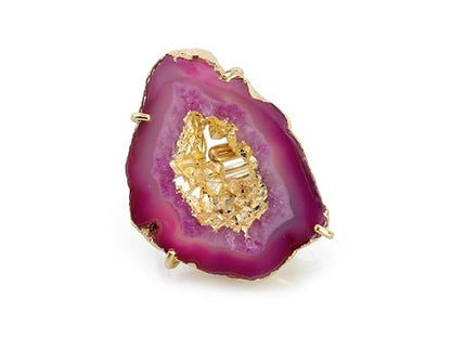 Ring Geode Druzy Slice Unique And Stylish Statement Gold Plated Jewelry Natural Gemstone Stone size 25-35 mm Approximately Adjustable Shank US Scale Size 6-9 - color: Pink