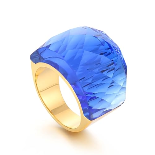 Crystal Glass Stainless Steel Band Ring Gold-Tone Plated Fashion Exaggerated Cubic Zirconia Rings Women's Stunning Large Statement Rhinestone Bands Cocktail Party Ring for Ladies Birthday - color: Blue, size: 9