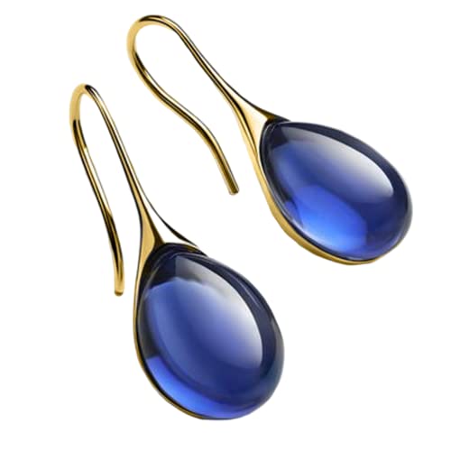 Silver Gold Plated Water Drop Style Crystal Stone Classic Plain Dangle Hoop Earrings - color: Gold Blue