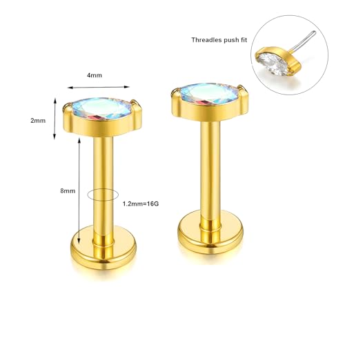 BelezaDosas G23 Titanium Labret Studs 16G Threadless Push-in Press Fit Lip Cluster Tragus Helix Lobe Conch Rook Medusa Cartilage Monroe Earring Push Back Piercing Jewelry - color: 16g8mm eye gd ab