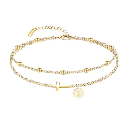Gold Cross Ankle Bracelets for Women | Anklets for Women Waterproof with Initial Charm (A-Z) | Non Tarnish Summer Beach Jewelry Gifts for Her - color: Gold Z