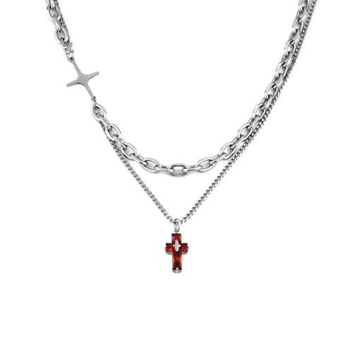 Gothic Cross Star Necklace For Men Women Silver Stainless Steel Cuban Link Paperclip Figaro Bead Chain Punk Kpop Y2k Goth Irregular Layered Cross Pendant Necklace Non Tarnish Jewelry Gift - color: Silver B