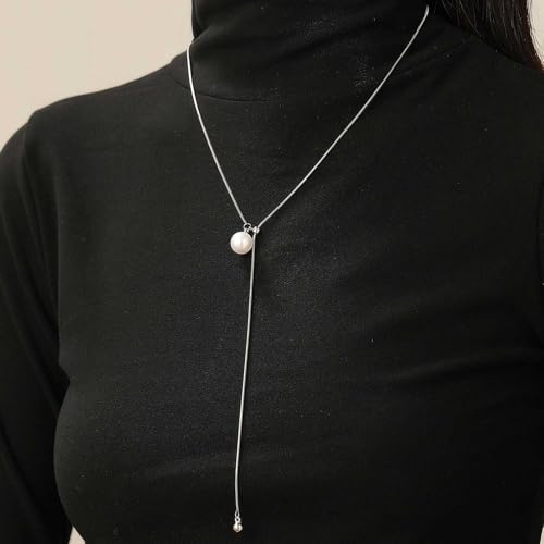 Boho Pearl Drop Lariat Y Necklace Faux Pearl Beads Pendant Necklace Adjustable Round Snake Chain Sliding Necklace Dainty Pearl Sweater Chain Necklace Wedding Bridal Jewelry for Women