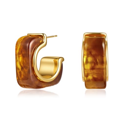 Chunky Hoop Earrings for Women, Tortoise Shell Leopard Hoops | Tortoise Shell Pattern; 18K Gold Plated Finish; 925 Silver Posts; Lightweight Statement Style - color: QIHP-18-Brown