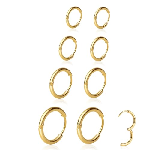 4 Pairs Small Gold Hoop Earrings Set for Women, 14k Gold Plated Cartilage Hoop Earring Hypoallergenic Small Hoop Earrings for 2nd 3rd Hole Huggie Hoop Earrings for Women Men Gifts (Gold-1.6mm) - color: Gold, size: 6/8/10/12mm (Thickness: 1.6MM)