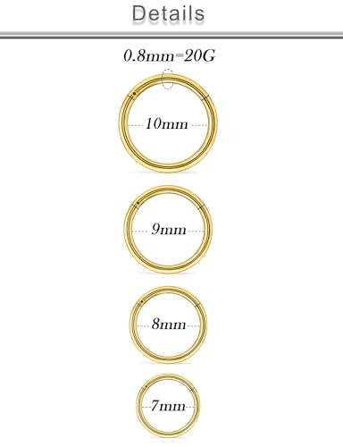 20G 18G 16G 14G 12G 10G Surgical Steel Hinged Clicker Segment Nose Rings Hoop Lip Rings Helix Cartilage Daith Tragus Sleeper Earrings Body Piercing for Women Men 6mm 8mm 10mm 12mm 14mm 16mm - color: Gold-20G（0.8mm)-Inner Diameter: 7mm 8mm 9mm 10mm