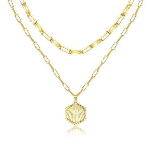 Layered Initial Necklace for Women | Gold Plated Paperclip Chain with Sunburst Hexagon Letter Pendant | Double Layer Alphabet Necklace | Personalized Minimalist Jewelry Gift - color: F