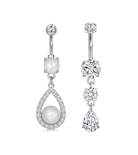 QWALIT Belly Button Rings 14G Surgical Steel Belly Rings CZ Opal Navel Piercing Jewelry for Women Girls 3/8" 10mm Silver Rose Gold - color: D2- dangle 2pcs- silver