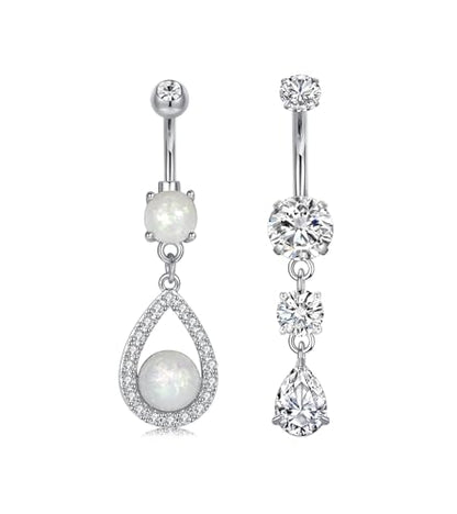 QWALIT Belly Button Rings 14G Surgical Steel Belly Rings CZ Opal Navel Piercing Jewelry for Women Girls 3/8" 10mm Silver Rose Gold - color: D2- dangle 2pcs- silver