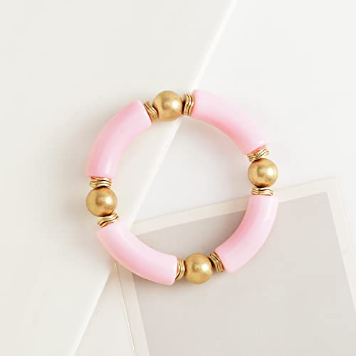 LALAPPLE Gold Plated Beaded Acrylic Bamboo Tube Bangle Bracelets for Women, Colorful Chunky Curved Tube With Gold Plated Pieces Beads Stretch Bracelet Friendship Summer Beach Jewelry - color: L-Pink