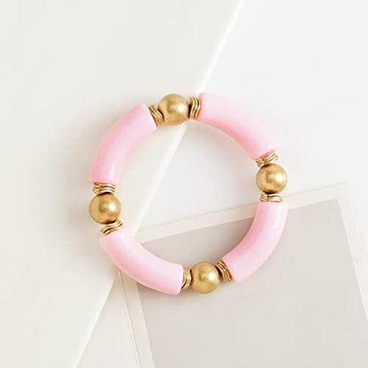 LALAPPLE Gold Plated Beaded Acrylic Bamboo Tube Bangle Bracelets for Women, Colorful Chunky Curved Tube With Gold Plated Pieces Beads Stretch Bracelet Friendship Summer Beach Jewelry - color: L-Pink