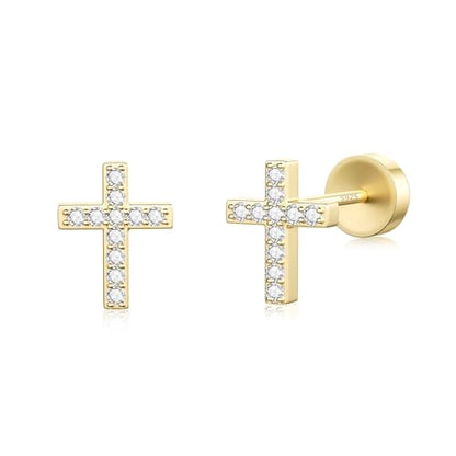 JIAYIQI Minimalist 925 Sterling Silver Stud Earrings Set, 14K Gold Plated Hypoallergenic Tiny Bar Dot Heart Star Studs for Women & Men - style: Gold-Cross-Flatback-1 Pair