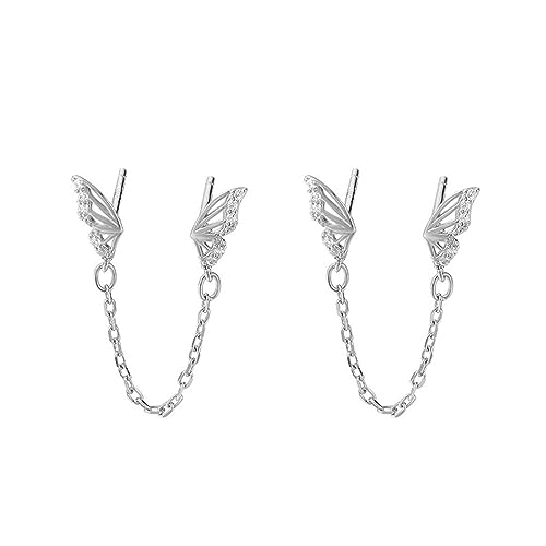 Cute Tiny Butterfly CZ Double Piercing Huggie Small Stud With Short Chain 925 Sterling Silver Cuff Wrap Earrings for Women Cartilage Two Holes Animal Dangle Drop Hypoallergenic - color: Silver
