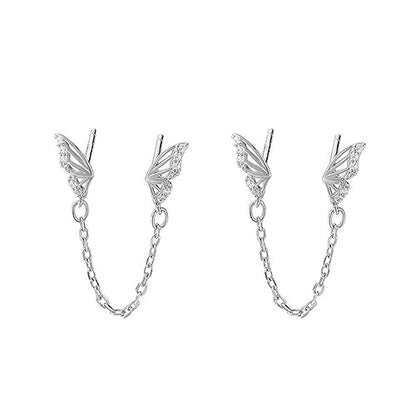 Cute Tiny Butterfly CZ Double Piercing Huggie Small Stud With Short Chain 925 Sterling Silver Cuff Wrap Earrings for Women Cartilage Two Holes Animal Dangle Drop Hypoallergenic - color: Silver