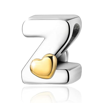 Two-Tone Gold Heart S925 Silver Letter Charm Fits Pandora Bracelet Necklace | Initial Bead Two-Tone Gold Heart, DIY European Bracelet Accessory, Gift for Ladies Birthday Anniversary Valentine - style: Z