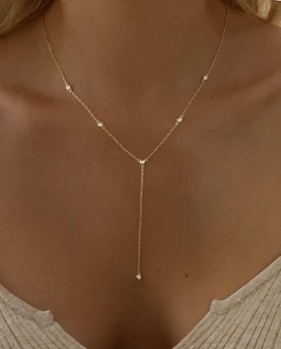 LuckFairy Lariat Necklace for Women，Dainty Gold Long Necklaces 14k Gold Plated CZ Lips Bead Y-Shaped Drop Chain Necklace Simple Gold Layered Necklaces for Women Trendy Gold Jewelry Gifts for Women - color: CZ y