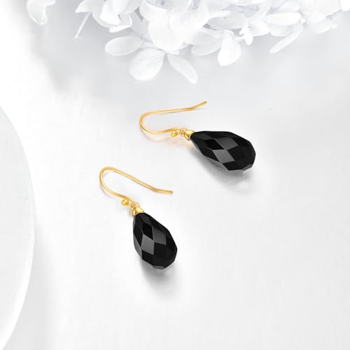 Sterling Silver Black Onyx Earrings for Women 18K Yellow Gold Plated Jewelry Gifts - style: Rhombus Teardrop