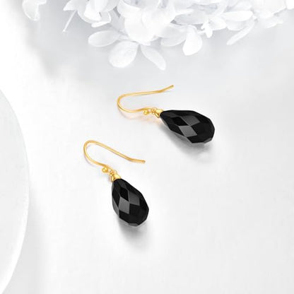 Sterling Silver Black Onyx Earrings for Women 18K Yellow Gold Plated Jewelry Gifts - style: Rhombus Teardrop
