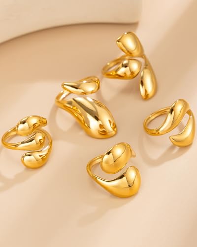 Chunky Gold Shell Starfish Ring Set for Women Trendy Gold Flower Scallop Seashell Starfish Gemstone Rings Adjustable Stacking Statement R-ings Non Tarnish Spring Summer Jewelry Accessories - color: A7:5 pcs