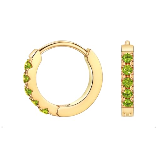 Birthstone Huggie Hoop Earrings for Women, Cubic Zirconia Small Hoops | 316L Surgical Steel, 18K Gold or Silver, 6-10mm, Hypoallergenic Waterproof, Cartilage Piercing, Birthday Gift - color: 08 AUG. Olive Green - Gold, size: 8mm