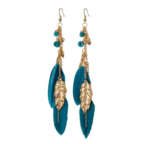 FRESHME Native American Earrings for Women - Ethnic Boho Feather Dangle Jewelry with Tessel for Birthday Party Photoshoot - color: Blue