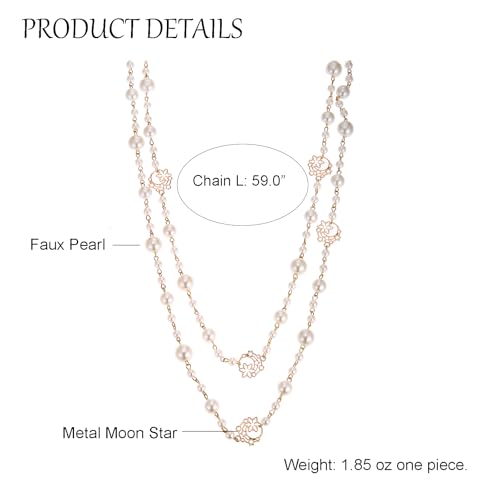 Simulated Pearl Strand Layered Necklace for Women, Multi Strand Long Necklace, Dainty Sweater Necklace for Party Costume Jewelry - style: Moon Star