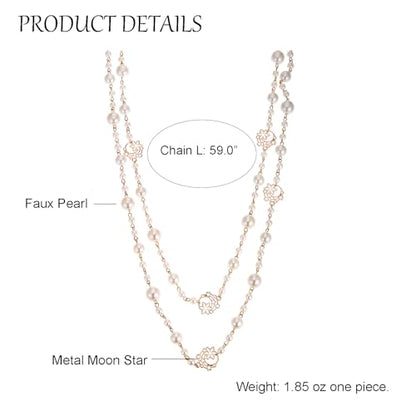 Simulated Pearl Strand Layered Necklace for Women, Multi Strand Long Necklace, Dainty Sweater Necklace for Party Costume Jewelry - style: Moon Star
