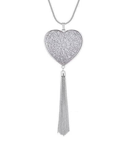 MOLOCH Long Necklaces For Woman Disk Circle Pendant Necklaces Tassel Fringe Necklace Set Statement Pendant - color: Heart-shaped-silver