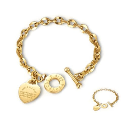 Heart Charm Bracelet Plated 18K Gold/Silver/Rose Gold Bible Scripture Heart Bracelet for Women Jewelry Gift Zircon Her Link Chain OT Clasp Stainless Steel Birthday - color: 18k Gold, size: 8.1 inch