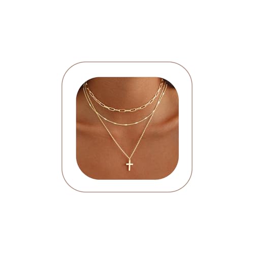 Gold Necklace for Women 14K Gold Plated Layered Cross Bar Necklace Herringbone Figaro Paperclip Flat Chain Cute Charm Accessories Non Tarnish Jewelry Set Gifts for Women - style: R-NK-07-Big cross-GD