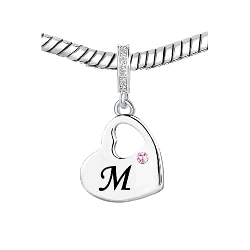 KunBead Initial A-Z Letter Pink Heart Alphabet Birthday Dangle Love Charms Compatible with Pandora Charm Bracelet for Auntie Friend Sister Mom Daughter Nana Granddaughter Wife - style: Letter M
