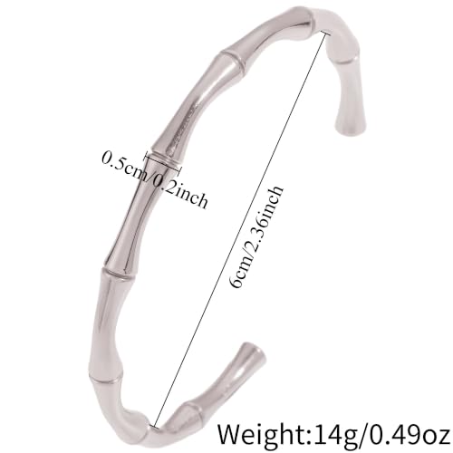 Adjustable Silver Bamboo Bracelet for Women – Stainless Steel Open-Cuff Bangle, Organic Design, Perfect Everyday Jewelry Gift