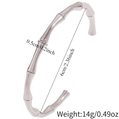 Adjustable Silver Bamboo Bracelet for Women – Stainless Steel Open-Cuff Bangle, Organic Design, Perfect Everyday Jewelry Gift