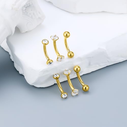 14G Small Belly Button Ring Piercing Jewelry 316L Stainless Surgical Steel Tiny Internally Threaded Navel Rings Belly Button Ring Piercing Jewelry for Women 14 Gauge Hypoallergenic - color: Gold-6MM Bar-Clear CZ