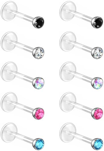 Bioflex Labret Plastic Lip Piercing Jewelry for Monroe, Medusa, Ashley and Cartilage Piercings, Tragus, Conch, Helix, Daith - 16g Clear Post Studs with Push-In CZ Crystals - color: Jet, Clear, AB, Rose, Aqua, size: 8mm