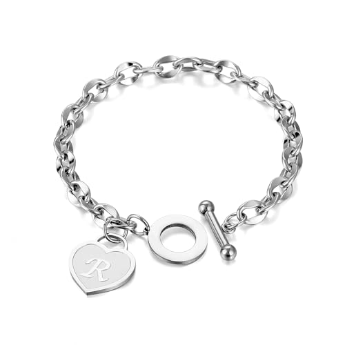 Initial Heart Charm Bracelets for Women 14K gold/Silver Tone Stainless Steel OT Clasp Heart A-Z Letter Name Bangle Bracelet Gifts - color: R