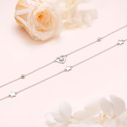 Anklets for Women 925 Sterling Silver Blue Evil Eye Infinity Butterfly Adjustable Multilayer Layered Summer Beach Ankle Bracelet Foot Chain Jewelry for Women - style: Heart Star