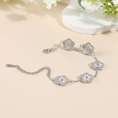 TICVSS Four Leaf Clover Bracelet for Women 18K Gold Plated Stainless Steel Lucky 4 Leaf Gold Link Bracelet Jewelry Gift for Women - color: Silver
