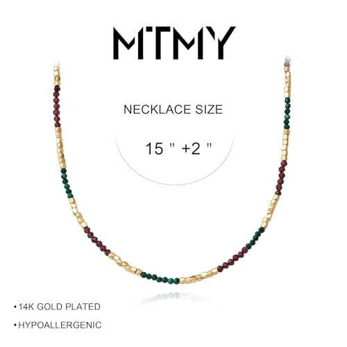 MTMY Beaded Gemstone Choker Necklace for Women | 14K Gold Plated, Colorful Natural Stone, Bead Chain, Boho Summer Beach, Handmade Jewelry - color: Malachite & Garnet