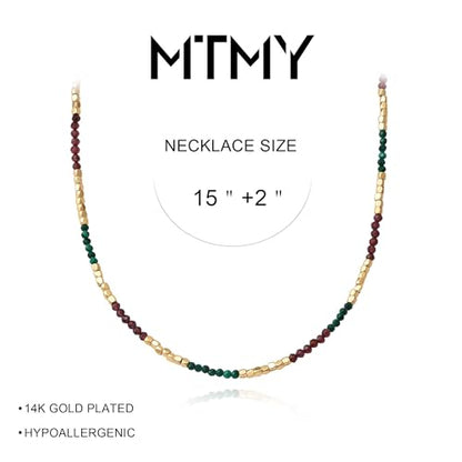 MTMY Beaded Gemstone Choker Necklace for Women | 14K Gold Plated, Colorful Natural Stone, Bead Chain, Boho Summer Beach, Handmade Jewelry - color: Malachite & Garnet