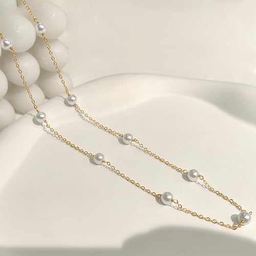 Zeffy Pearl Necklace 8MM Dainty Round Imitation Pearl Choker Necklace Wedding Pearl Necklace Delicate Jewelry for Women Simple Bridesmaid Jewelry Gifts - style: 4mm Gold Satellite Pearl Necklace
