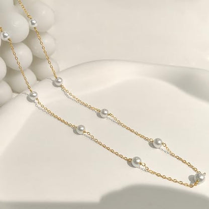 Zeffy Pearl Necklace 8MM Dainty Round Imitation Pearl Choker Necklace Wedding Pearl Necklace Delicate Jewelry for Women Simple Bridesmaid Jewelry Gifts - style: 4mm Gold Satellite Pearl Necklace