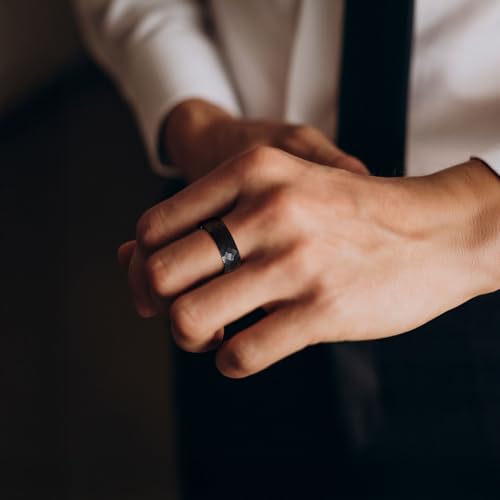 King Will Men's Tungsten Carbide Wedding Ring Hammered Groove Wedding Band Mens Two Tone Engagement Ring for Men and Women Matte Brushed Finish Comfort Fit - color: Black & Blue 8mm