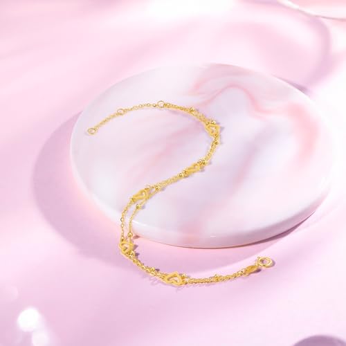 ZHOU LIU FU 18K Yellow Gold Charm Bracelet Hollow Heart Star Butterfly Charms Delicate Double Chain Bracelets Adjustable Cute Jewelry for Women Her Mom Daughter Birthday Anniversary 16+3cm/6.3-7.5" - style: Heart